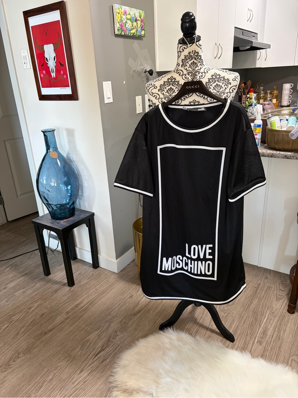 LOVE MOSCHINO - “AUTHENTIC” Black Mesh Mini Dress with White Trim